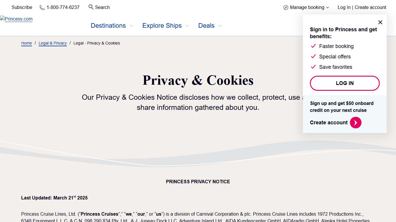 Legal - Privacy & Cookies - Princess Cruises